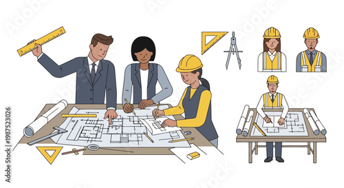 Professional architects and engineers drafting blueprints flat line art illustration EPS10