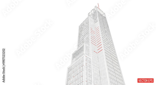 Modern high rise building vector outline architectural technical drawing with perspective EPS10