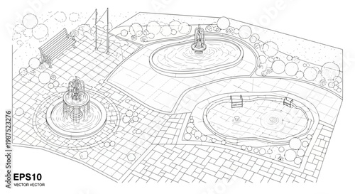 Isometric vector line art illustration public park design with fountains pool and bench EPS10