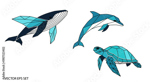Geometric Marine Animals Vector Set Whale Dolphin and Sea Turtle