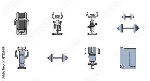Flat Outline Gym Fitness and Exercise Equipment Icons Set