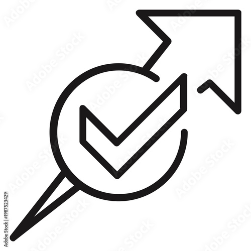 Canvas Print Minimalist black vector icon illustration featuring a checkmark inside a circle integrated with an upward-pointing arrow, representing success, growth, progress, achievement, and verification