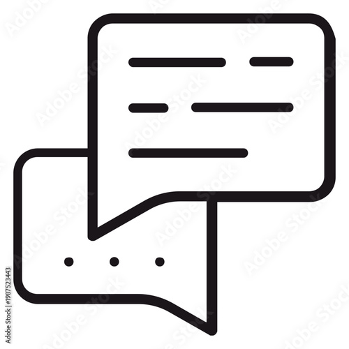 Minimalist black vector icon of two overlapping speech bubbles representing a conversation or chat, featuring text lines and an ellipsis symbol for communication, messaging, and social media.