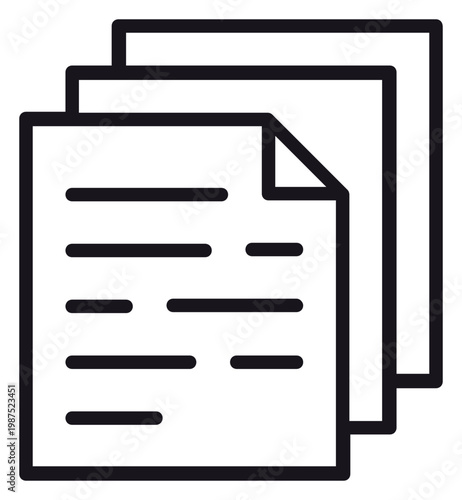 Black vector icon of a stack of documents or paper files with text lines, minimalist outline illustration representing office paperwork, data management, documentation, and business administration.