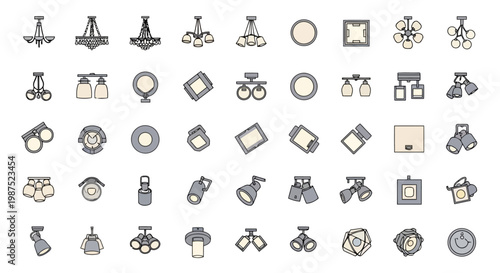 Modern Lighting Fixtures Vector Icons Set Interior Outline Style