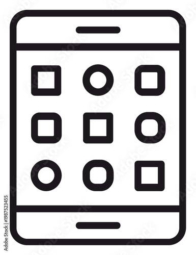 Cuadro en lienzo Minimalist black line vector icon of a tablet or smartphone with a grid of app icons on the screen, representing mobile technology, digital communication, and modern electronic devices
