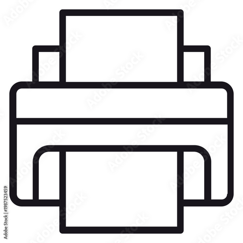 Minimalist black line printer vector icon illustration, featuring a paper sheet being printed, clean outline symbol for office hardware, technology, and document management services.