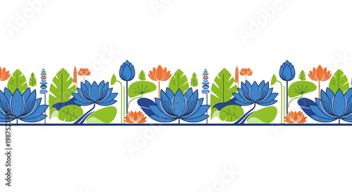 Flat Design Blue and Orange Lotus Flowers Seamless Vector Border Pattern