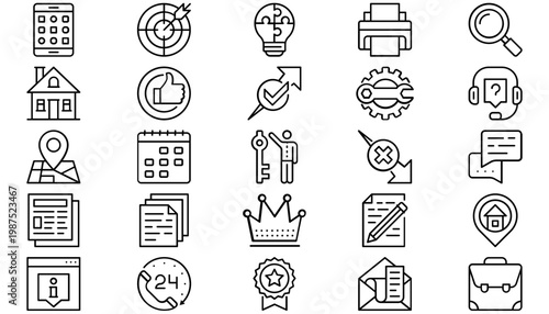 Foto Vector Icon Set of 25 Black Line Art Symbols for Business, Technology, and Communication
