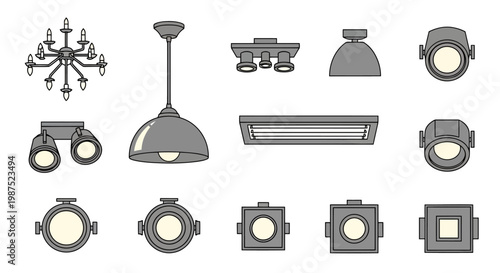 Interior Lighting Fixtures Clean Outline Vector Icons Modern Lamp Collection