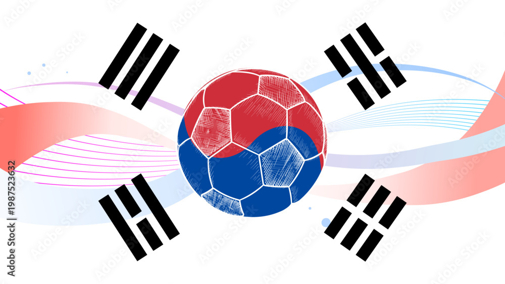 Fototapeta premium Soccer ball and South Korea flag elements, banner and background vector illustration
