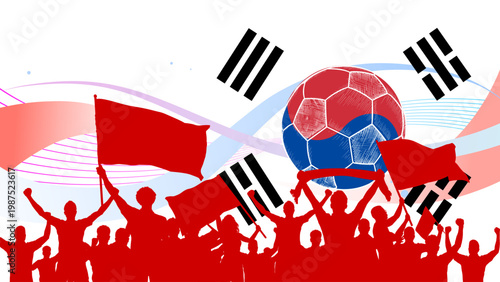 South Korea soccer fans cheering with flags and ball, banner and background vector illustration