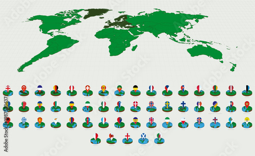 Alphabetically Sorted European Maps, Isometric Round Design with Flags.
