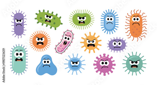 Set of cartoon microbes and bacteria, colorful viruses, germs, and pathogens in a flat style, vector illustration.