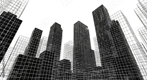 Abstract Cityscape Skyscraper Architecture Digital Grid Wireframe Line Art