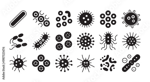 Set of bacteria and virus icons, collection of various microbe and germ shapes, vector illustration.