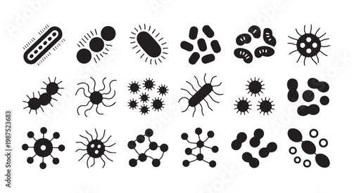 Set of bacteria and virus icons, collection of various microbe and germ shapes, vector illustration.