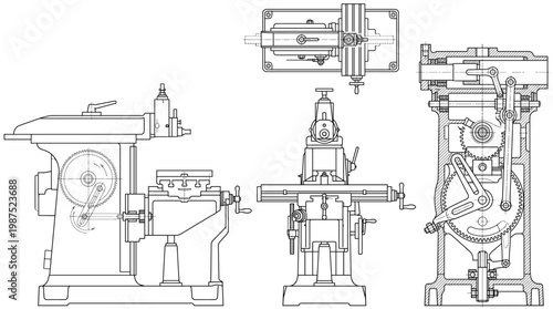 Shaper Machine Industrial Tool Technical Drawing Blueprint, Front Side Top and Internal Cross-Sectional Views Line Art Vector