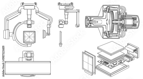 X-Ray Machine Medical Equipment Technical Drawing Blueprint, Front Side Top and Internal Cross-Sectional Views Line Art Vector