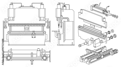 Sheet Metal Bending Machine Industrial Equipment Technical Drawing Blueprint, Front Side Top and Internal Cross-Sectional Views Line Art Vector