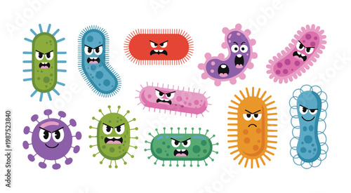 Collection of angry and scary cartoon bacteria and viruses with various shapes and expressions isolated vector.