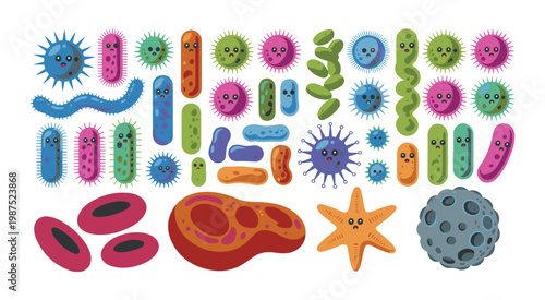 Collection of cute cartoon bacteria and viruses with different expressions and shapes on white background.