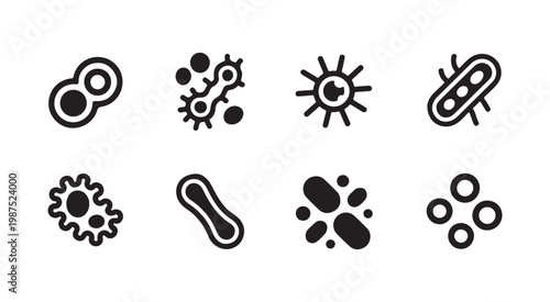 Black and white flat bacteria icons set representing different types of microorganisms and cells for scientific use.