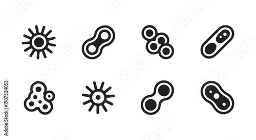 Collection of simple flat iconographic representations of various microorganisms for scientific and medical concepts.
