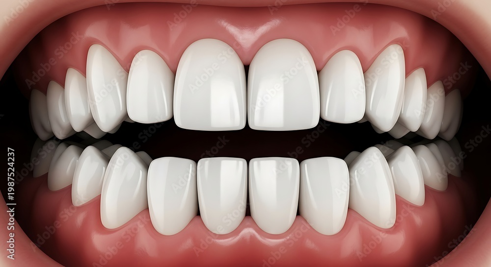 Obraz premium A perfectly healthy set of aligned white teeth and gums viewed from the front inside a human mouth