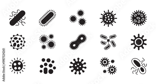 Assorted black icons of microscopic organisms including bacteria and viruses on a white backdrop.