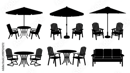 Garden Patio Furniture Silhouette Vector Set – Table, Chairs and Umbrella Outdoor Seating Collection