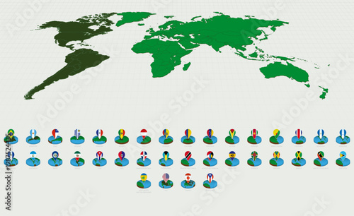 Alphabetically Sorted American Maps, Isometric Round Design with Flags.