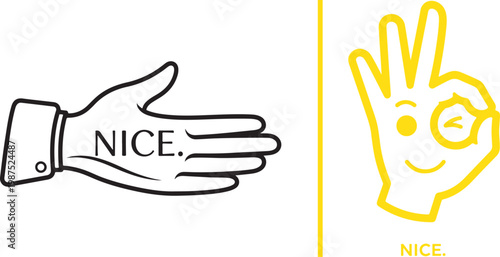 Vector line art of positive hand gestures featuring an open palm and a yellow OK sign with a winking smiley face