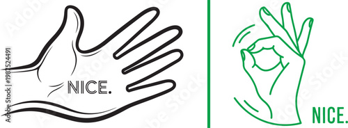 Minimalist line art vector illustration of hands making an ok sign and open palm with nice text for positive feedback