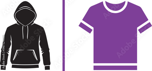 Minimalist vector illustration of a black hoodie and purple t-shirt icons for apparel e-commerce and fashion design