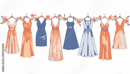 Elegant Watercolor Dresses Display: A Vibrant Collection of Flowing Gowns Showcasing Colorful Floral Accents and Artful Hanger Presentation
