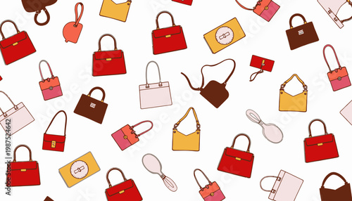 Colorful Pattern of Stylish Handbags and Accessories on a Bright White Background for Fashion Enthusiasts