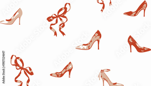 Stylish high-heeled shoes and decorative red ribbons pattern on white background for fashion enthusiasts and modern footwear design inspiration