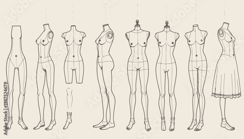 Illustration of various mannequin forms showcasing different stages of clothing fitting and style development with emphasis on form and structure