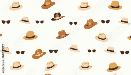 Collection of Stylish Hats and Sunglasses Arranged in an Aesthetic Pattern Displaying Diverse Styles and Colors on a Light Background for Fashion Inspiration