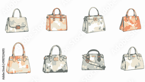 Artistic Collection of Elegant Handbags Showcasing Various Colors and Styles with Watercolor Patterns and Detailed Design Elements