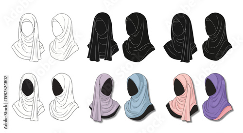 Collection of various hijab styles and colors in a linear design