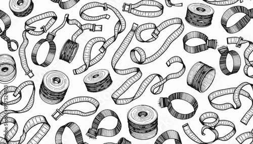 Monochrome Illustration of Various Seamless Coiled Measuring Tapes and Ribbons in Different Angles Creating an Intricate and Artistic Pattern