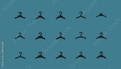 Minimalist Collection of Black Clothing Hanger Silhouettes on Blue Background with Diverse Shapes in a Patterned Arrangement