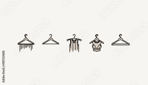 Minimalistic illustration featuring various stylish garment hangers showcasing different fashion styles and clothing designs in a simple and elegant layout