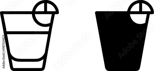 Vector icon set shot glass with lime. Clean outline and solid fill styles. Ideal for beverage menus, bar designs, cocktail themes, and digital interfaces