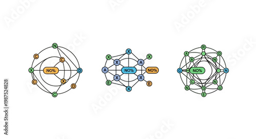 Three complex network diagrams with labeled nodes and connecting lines