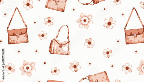 Fashionable Floral and Fashion Pattern with Elegant Handbags and Delicate Flowers in a Repeating Design