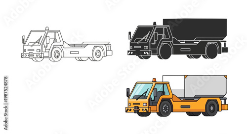 Aircraft tug illustrations outline solid and colored versions displayed