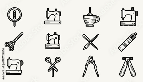 Illustrated Array of Sewing Machines, Scissors, and Drafting Tools in Minimalist Black and White Icon Design